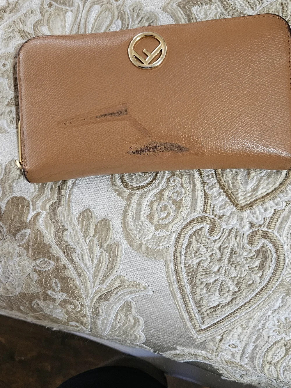 Fendi Cognac Leather Zip-Around Wallet with Gold Emblem
